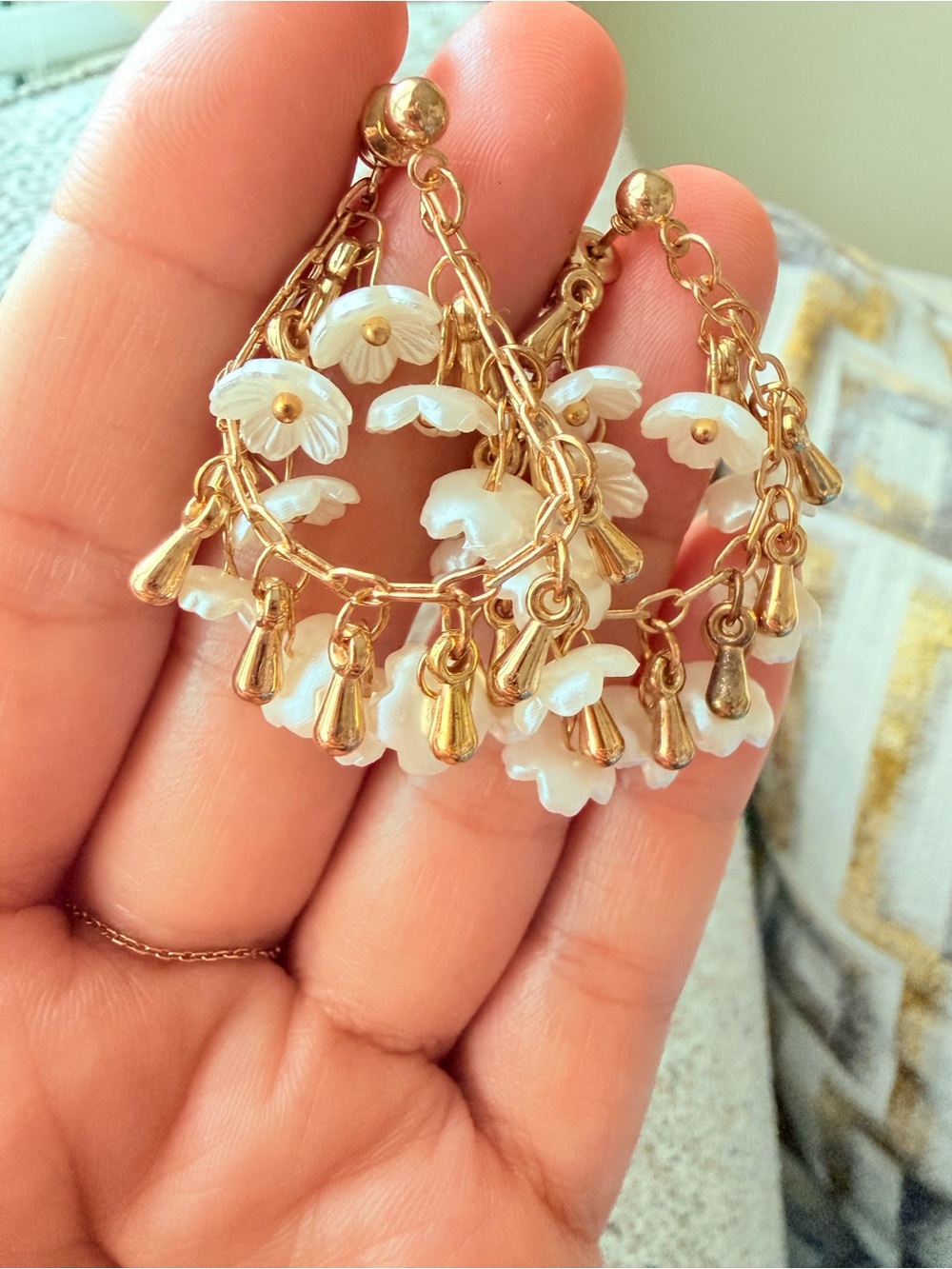 Gold pearl flower Earrings with Cream Floral Charms - Picture 4 of 5